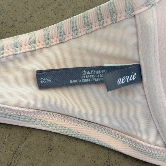 Aerie Pink Silver Metallic Striped Ruffle Wrap Halter Bikini Top 32DD Underwire - Picture 5 of 6